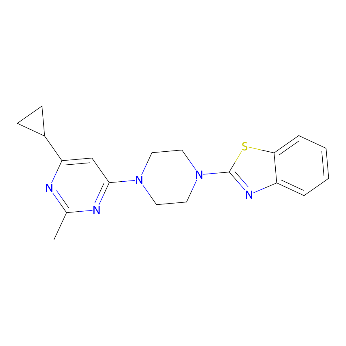 2-[4-(6-Cyclopropyl-2-methylpyrimidin-4-yl)piperazin-1-yl]-1,3-benzothiazole molecular structure, CAS 2548994-01-8