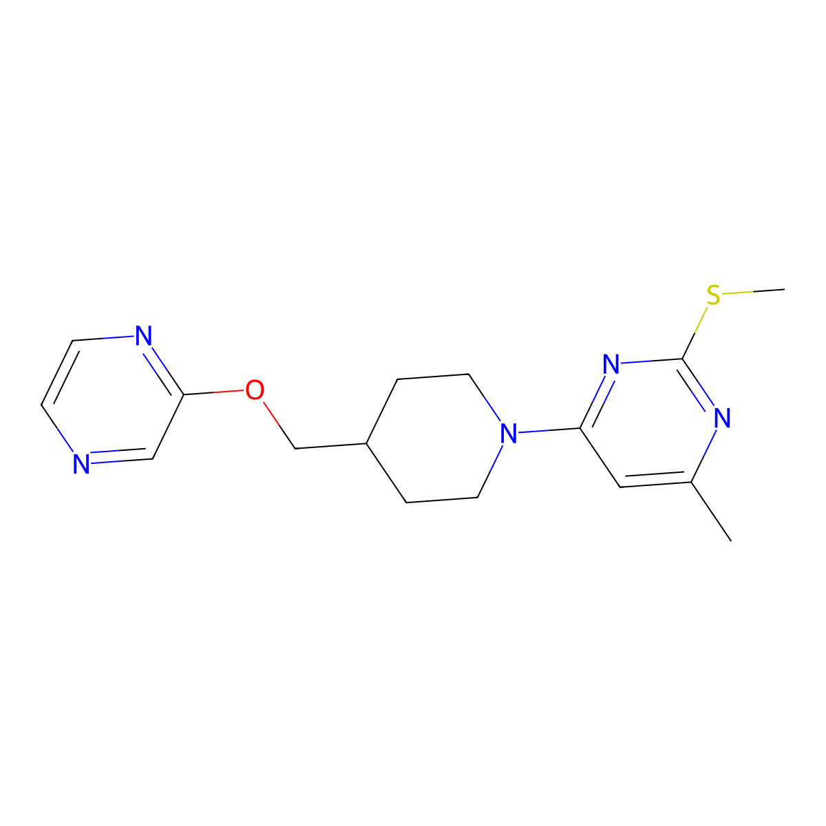 4-Methyl-2-(methylsulfanyl)-6-{4-[(pyrazin-2-yloxy)methyl]piperidin-1-yl}pyrimidine molecular structure, CAS 2548994-02-9