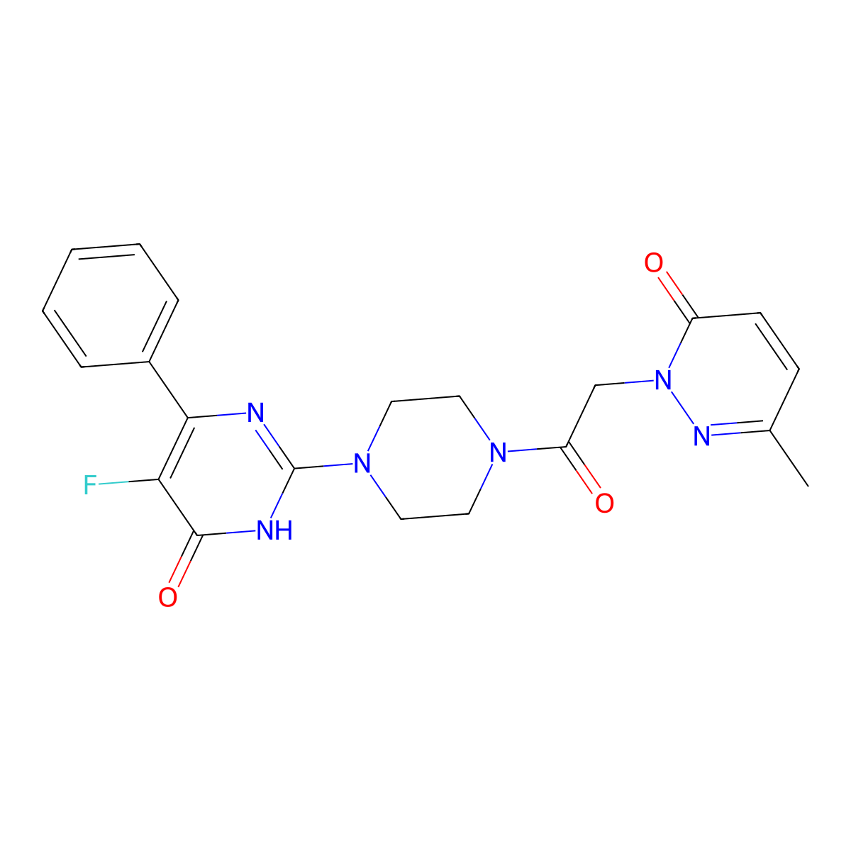 5-Fluoro-2-{4-[2-(3-methyl-6-oxo-1,6-dihydropyridazin-1-yl)acetyl]piperazin-1-yl}-6-phenyl-3,4-dihydropyrimidin-4-one molecular structure, CAS 2548994-04-1