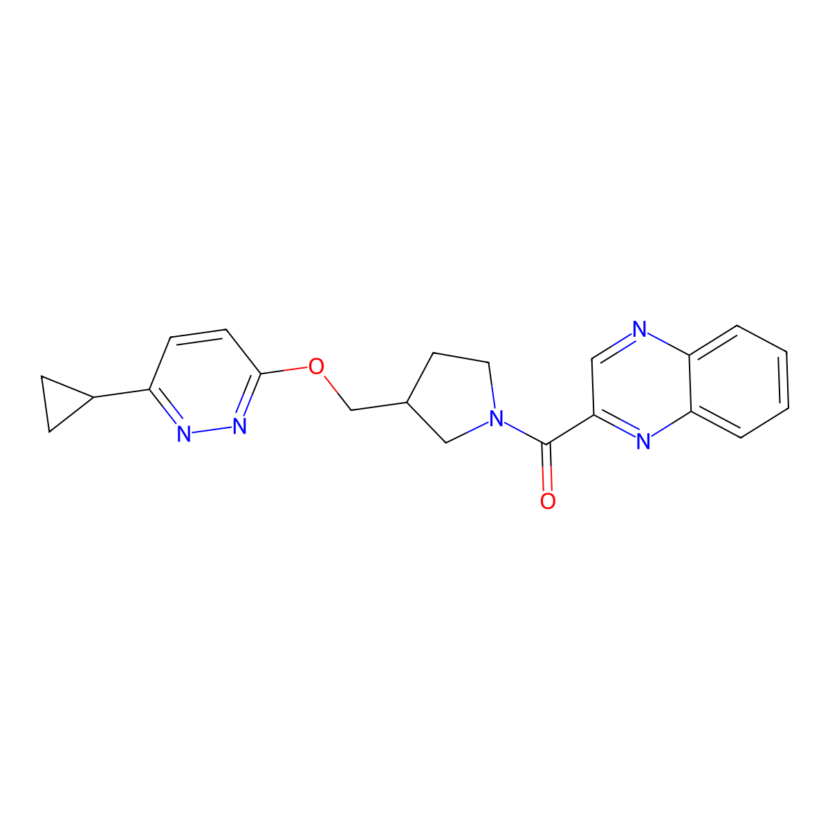 2-(3-{[(6-Cyclopropylpyridazin-3-yl)oxy]methyl}pyrrolidine-1-carbonyl)quinoxaline molecular structure, CAS 2548994-07-4