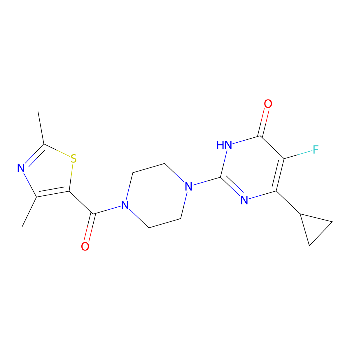 6-Cyclopropyl-2-[4-(2,4-dimethyl-1,3-thiazole-5-carbonyl)piperazin-1-yl]-5-fluoro-3,4-dihydropyrimidin-4-one molecular structure, CAS 2548994-12-1