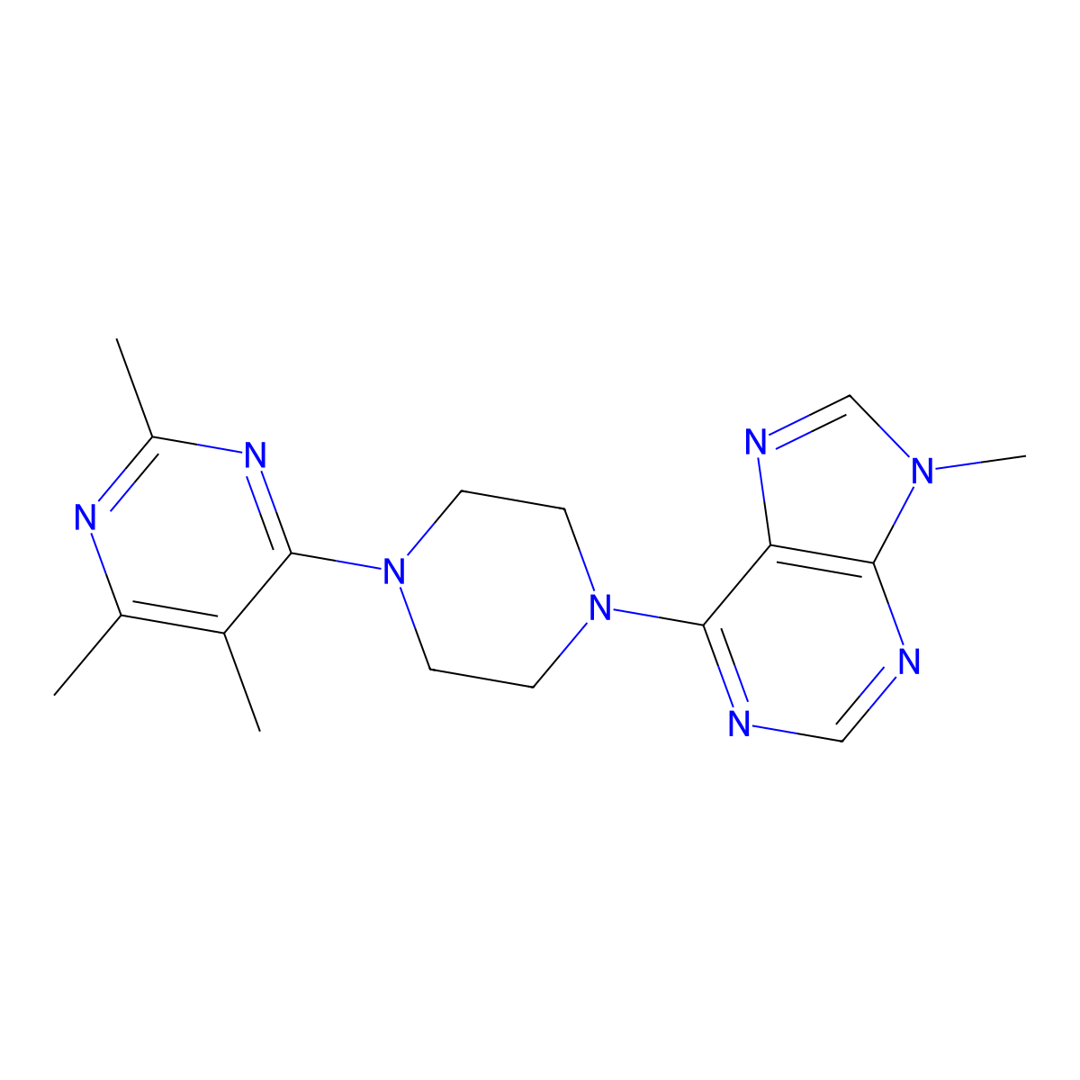 9-methyl-6-[4-(2,5,6-trimethylpyrimidin-4-yl)piperazin-1-yl]-9H-purine molecular structure, CAS 2548994-19-8