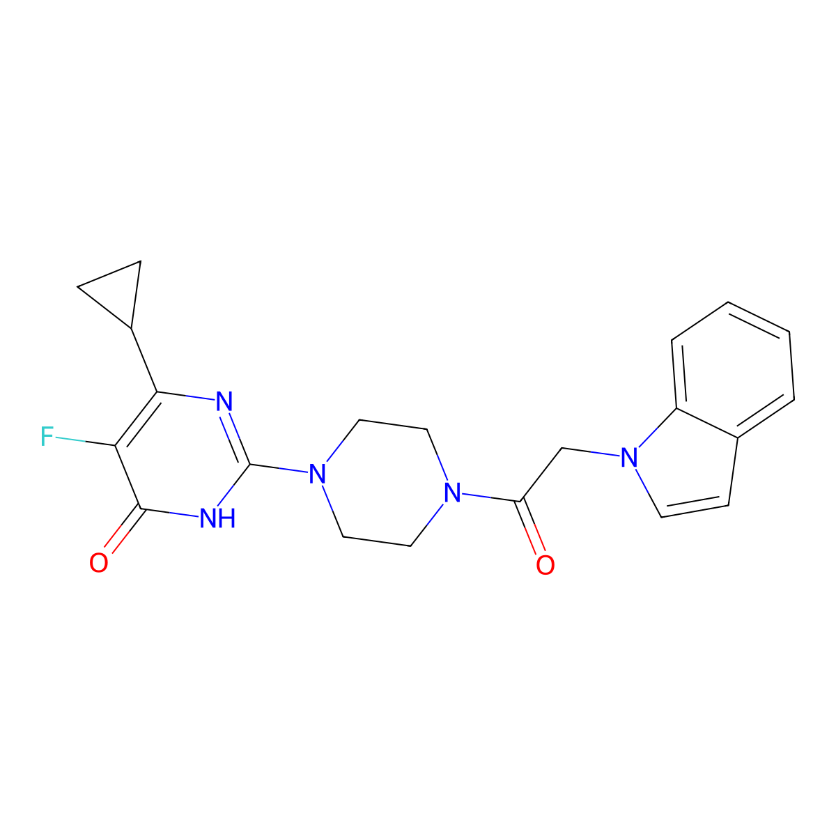6-cyclopropyl-5-fluoro-2-{4-[2-(1H-indol-1-yl)acetyl]piperazin-1-yl}-3,4-dihydropyrimidin-4-one molecular structure, CAS 2548994-28-9
