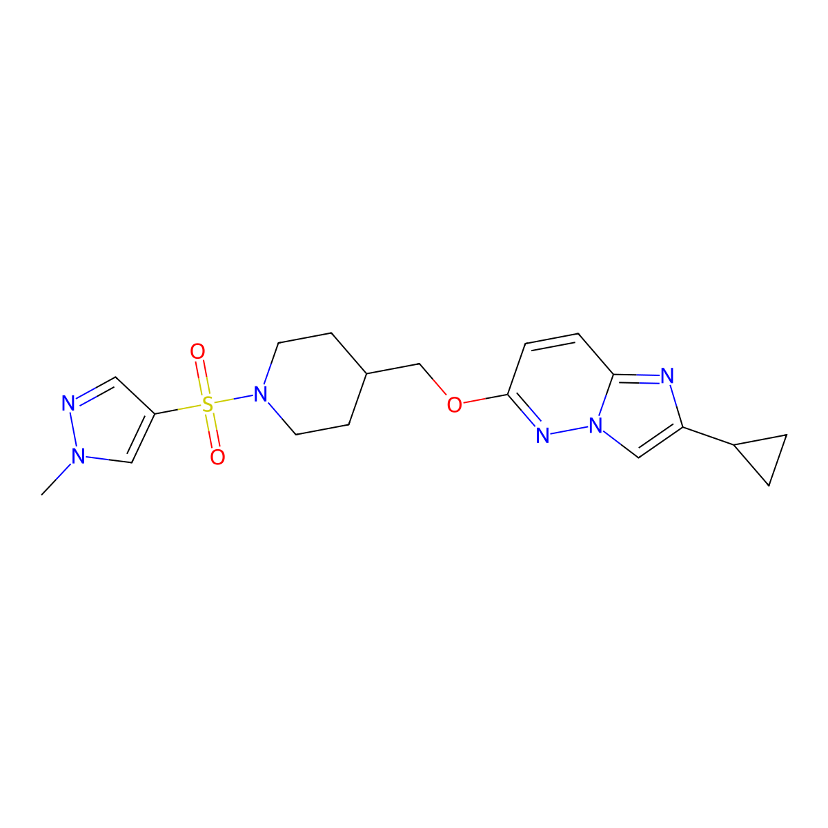 4-[({2-cyclopropylimidazo[1,2-b]pyridazin-6-yl}oxy)methyl]-1-[(1-methyl-1H-pyrazol-4-yl)sulfonyl]piperidine molecular structure, CAS 2548994-29-0