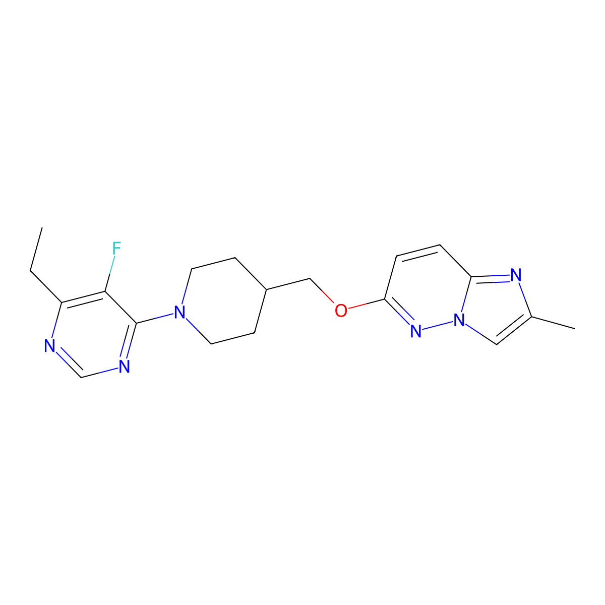 4-Ethyl-5-fluoro-6-{4-[({2-methylimidazo[1,2-b]pyridazin-6-yl}oxy)methyl]piperidin-1-yl}pyrimidine molecular structure, CAS 2548994-39-2