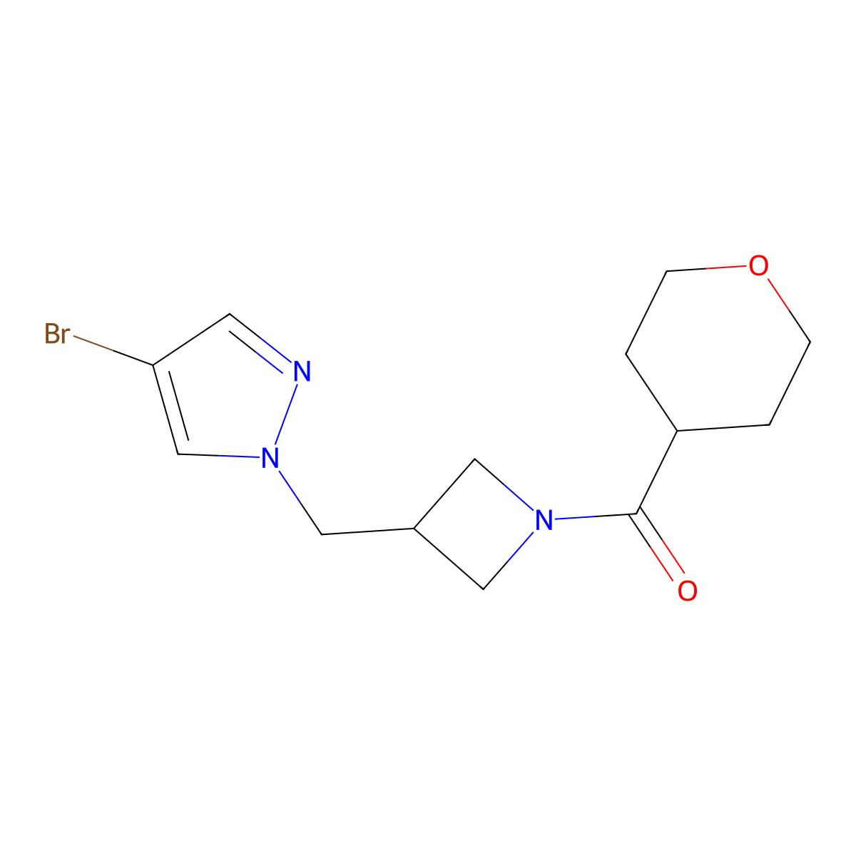 4-Bromo-1-{[1-(oxane-4-carbonyl)azetidin-3-yl]methyl}-1H-pyrazole molecular structure, CAS 2548994-45-0