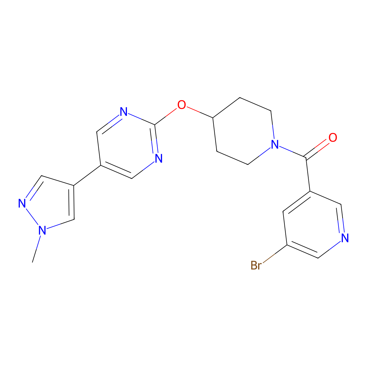 2-{[1-(5-bromopyridine-3-carbonyl)piperidin-4-yl]oxy}-5-(1-methyl-1H-pyrazol-4-yl)pyrimidine molecular structure, CAS 2548994-55-2