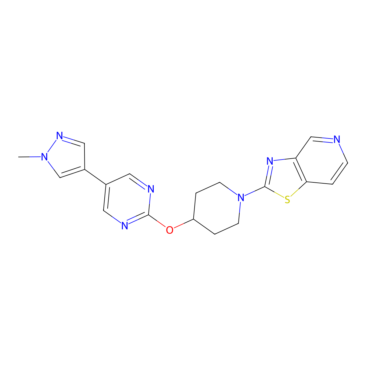 5-(1-methyl-1H-pyrazol-4-yl)-2-[(1-{[1,3]thiazolo[4,5-c]pyridin-2-yl}piperidin-4-yl)oxy]pyrimidine molecular structure, CAS 2548994-59-6
