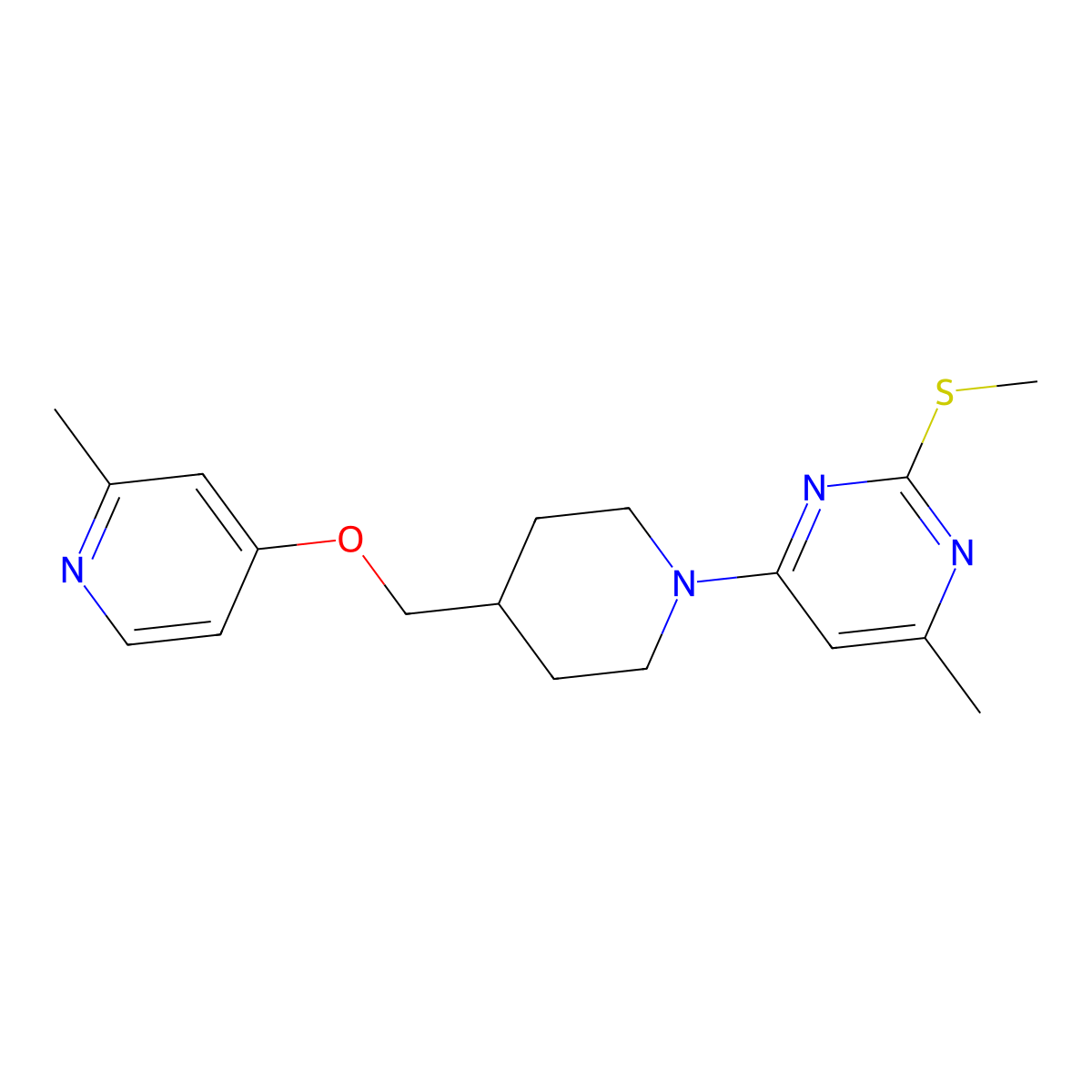 4-Methyl-6-(4-{[(2-methylpyridin-4-yl)oxy]methyl}piperidin-1-yl)-2-(methylsulfanyl)pyrimidine molecular structure, CAS 2548994-60-9