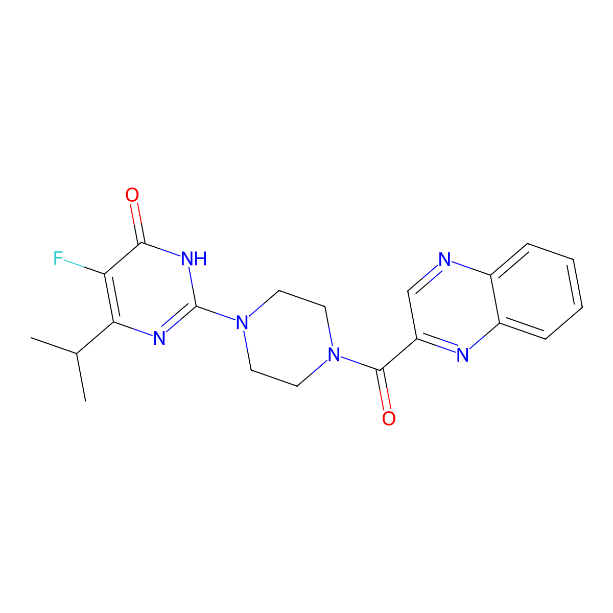 5-Fluoro-6-(propan-2-yl)-2-[4-(quinoxaline-2-carbonyl)piperazin-1-yl]-3,4-dihydropyrimidin-4-one molecular structure, CAS 2548994-61-0