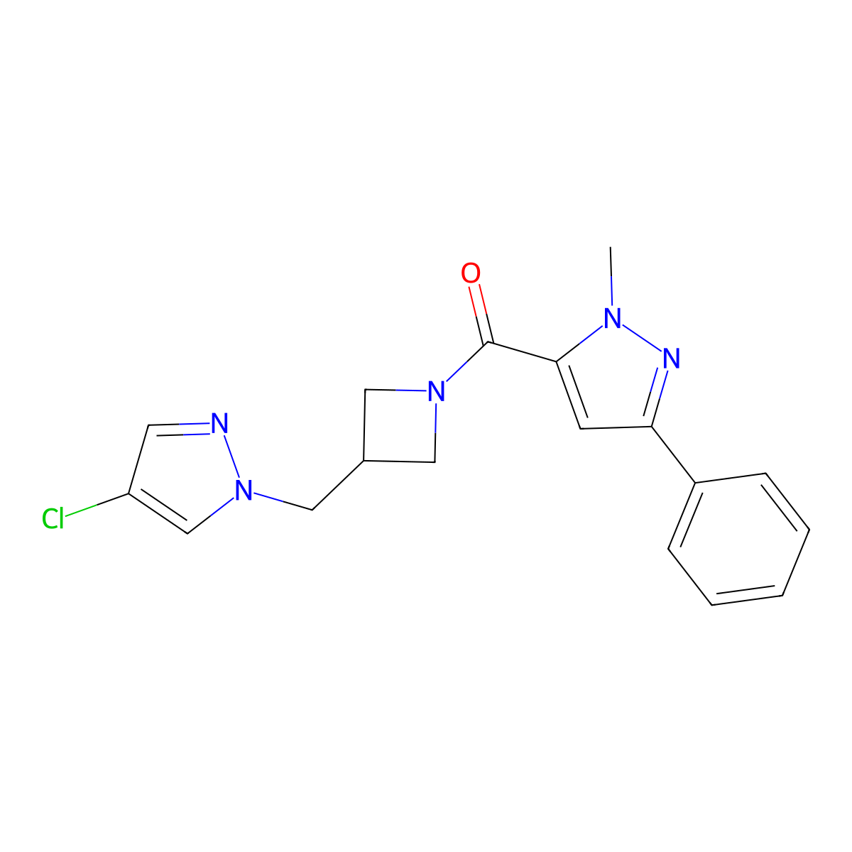 5-{3-[(4-chloro-1H-pyrazol-1-yl)methyl]azetidine-1-carbonyl}-1-methyl-3-phenyl-1H-pyrazole molecular structure, CAS 2548994-64-3