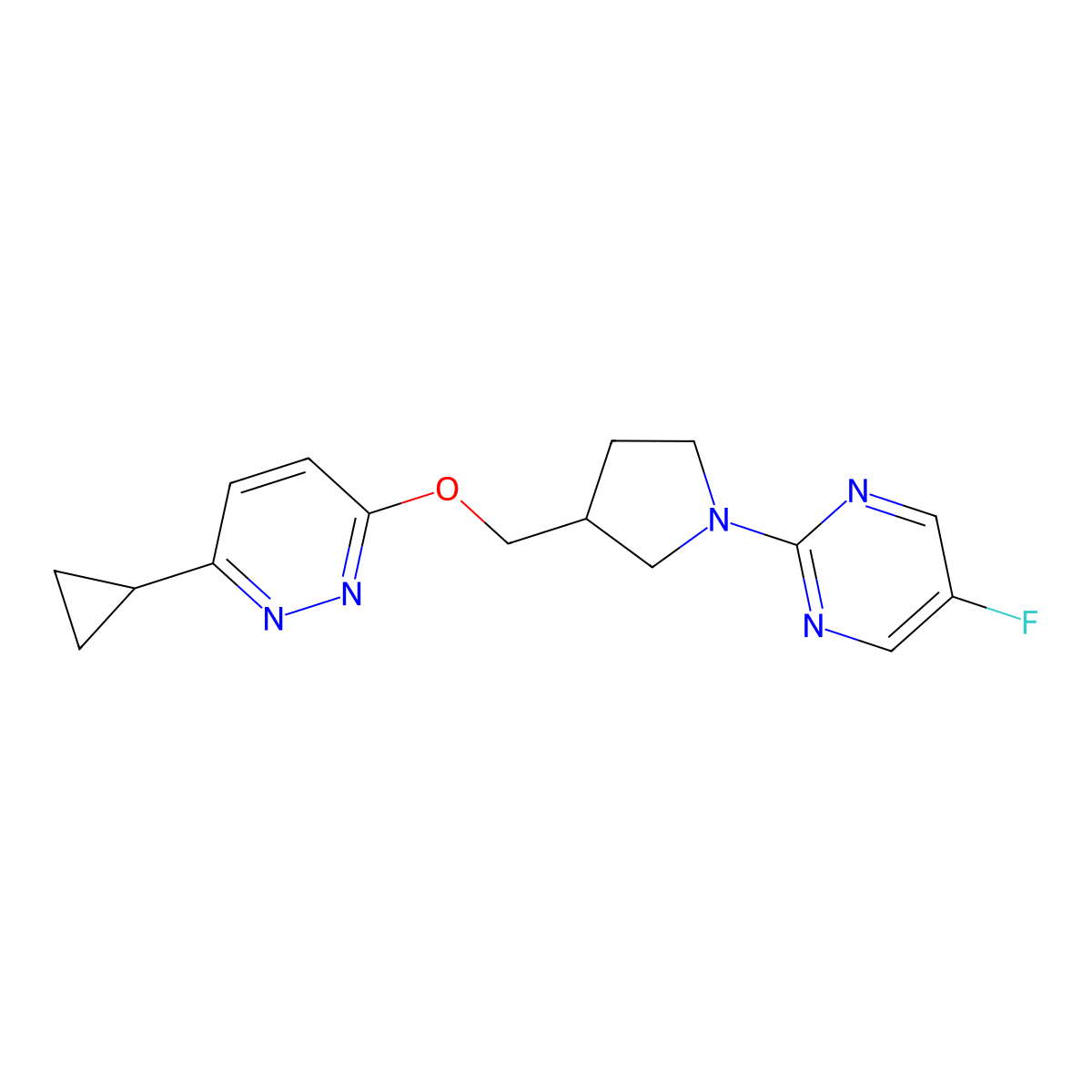 3-Cyclopropyl-6-{[1-(5-fluoropyrimidin-2-yl)pyrrolidin-3-yl]methoxy}pyridazine molecular structure, CAS 2548994-66-5