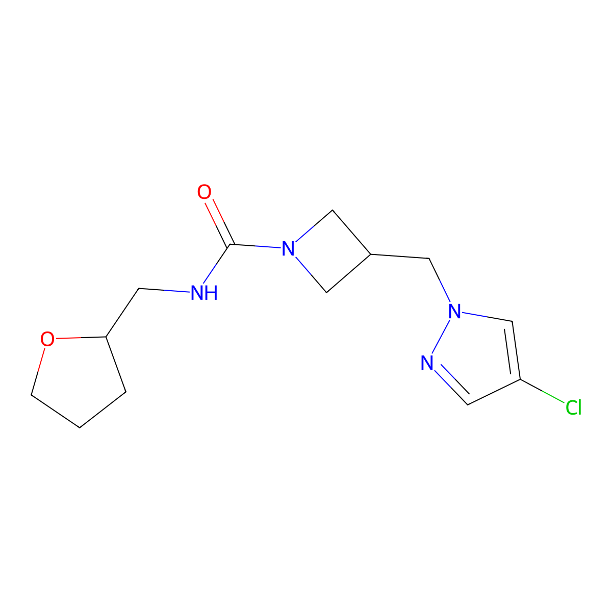 3-[(4-chloro-1H-pyrazol-1-yl)methyl]-N-[(oxolan-2-yl)methyl]azetidine-1-carboxamide molecular structure, CAS 2548994-69-8