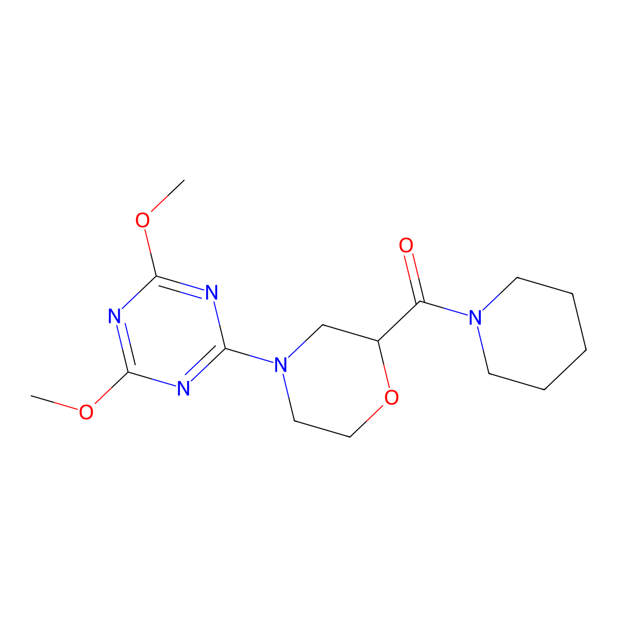 2,4-Dimethoxy-6-[2-(piperidine-1-carbonyl)morpholin-4-yl]-1,3,5-triazine molecular structure, CAS 2548994-70-1