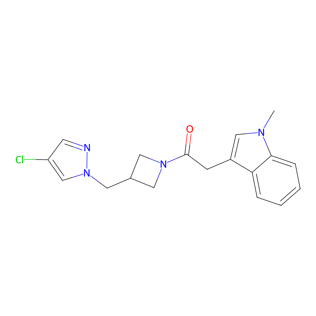 1-{3-[(4-chloro-1H-pyrazol-1-yl)methyl]azetidin-1-yl}-2-(1-methyl-1H-indol-3-yl)ethan-1-one molecular structure, CAS 2548994-71-2