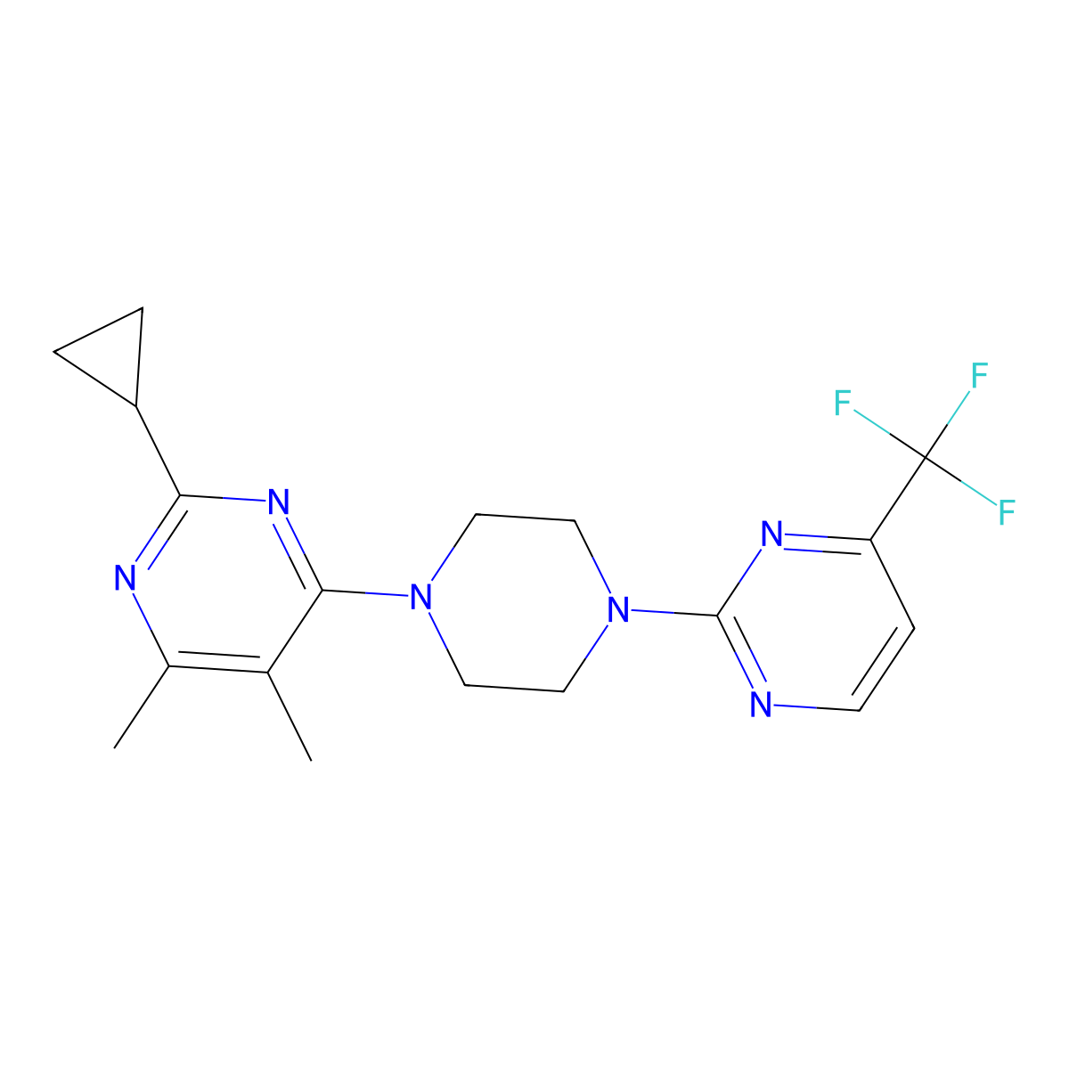 2-Cyclopropyl-4,5-dimethyl-6-{4-[4-(trifluoromethyl)pyrimidin-2-yl]piperazin-1-yl}pyrimidine molecular structure, CAS 2548994-72-3
