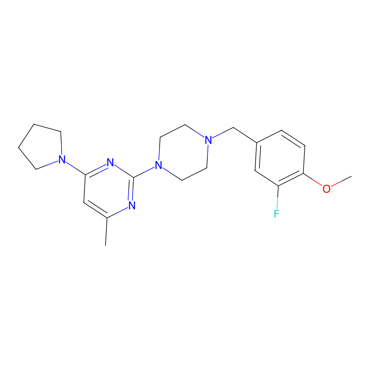2-{4-[(3-Fluoro-4-methoxyphenyl)methyl]piperazin-1-yl}-4-methyl-6-(pyrrolidin-1-yl)pyrimidine molecular structure, CAS 2548994-74-5