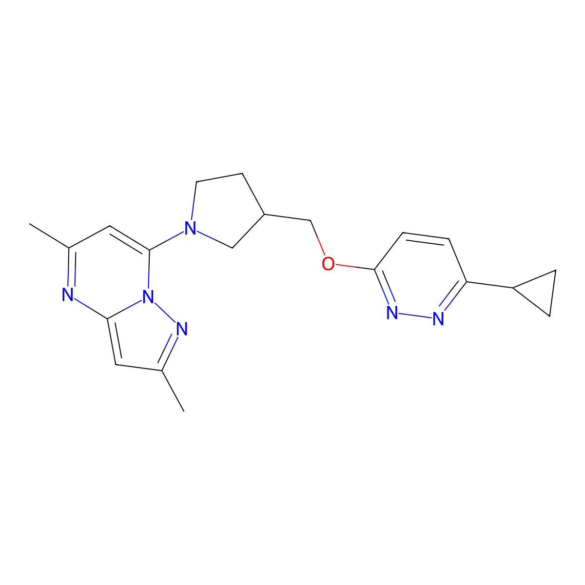 3-Cyclopropyl-6-[(1-{2,5-dimethylpyrazolo[1,5-a]pyrimidin-7-yl}pyrrolidin-3-yl)methoxy]pyridazine molecular structure, CAS 2548994-75-6