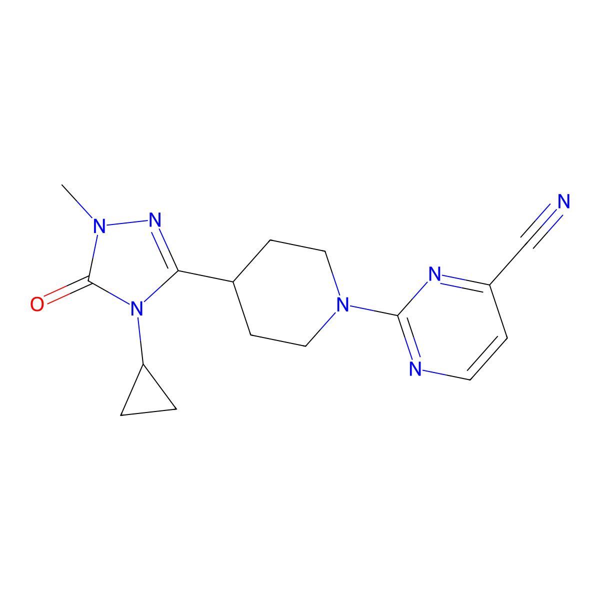 2-[4-(4-cyclopropyl-1-methyl-5-oxo-4,5-dihydro-1H-1,2,4-triazol-3-yl)piperidin-1-yl]pyrimidine-4-carbonitrile molecular structure, CAS 2548994-80-3