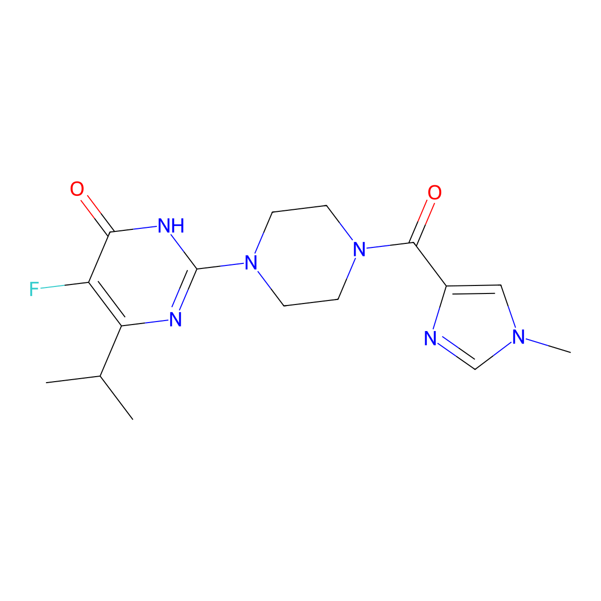 5-fluoro-2-[4-(1-methyl-1H-imidazole-4-carbonyl)piperazin-1-yl]-6-(propan-2-yl)-3,4-dihydropyrimidin-4-one molecular structure, CAS 2548994-83-6
