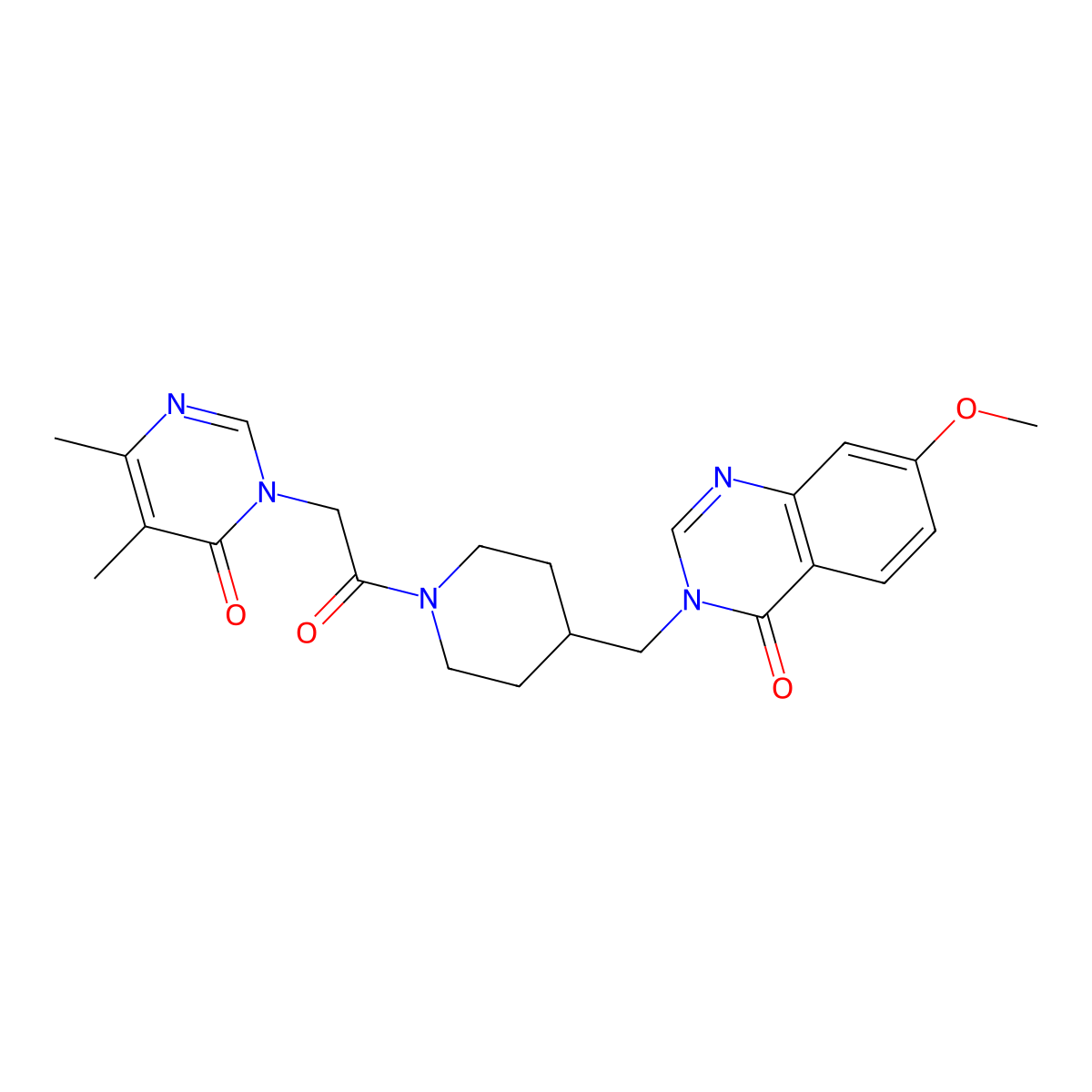 3-({1-[2-(4,5-Dimethyl-6-oxo-1,6-dihydropyrimidin-1-yl)acetyl]piperidin-4-yl}methyl)-7-methoxy-3,4-dihydroquinazolin-4-one molecular structure, CAS 2548994-86-9