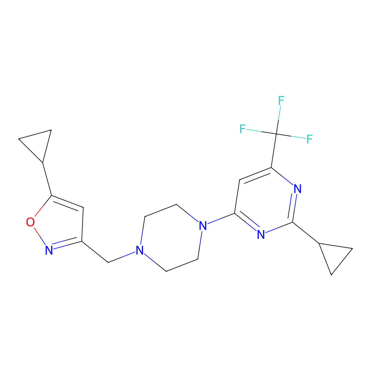 2-Cyclopropyl-4-{4-[(5-cyclopropyl-1,2-oxazol-3-yl)methyl]piperazin-1-yl}-6-(trifluoromethyl)pyrimidine molecular structure, CAS 2548994-96-1