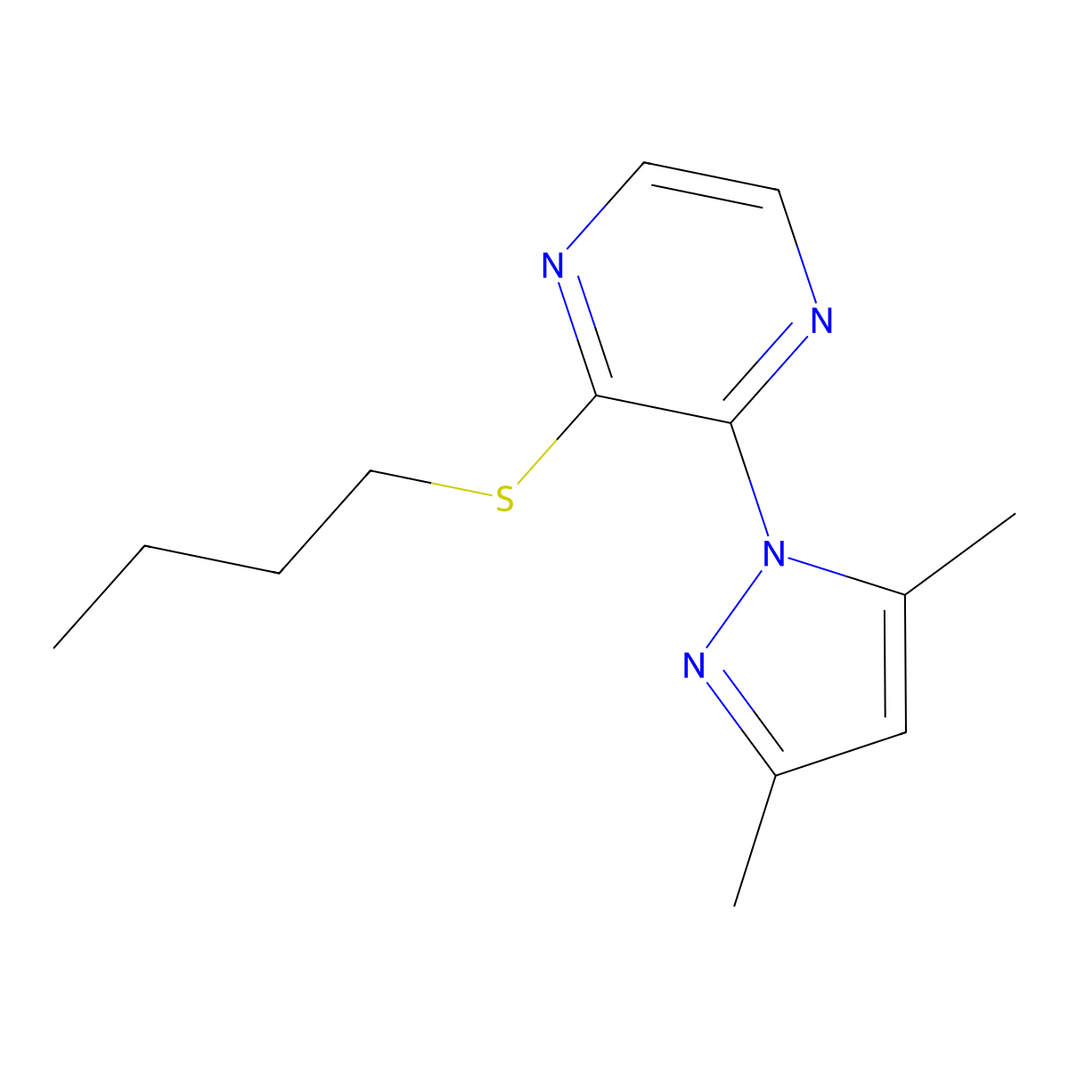 2-(butylsulfanyl)-3-(3,5-dimethyl-1H-pyrazol-1-yl)pyrazine molecular structure, CAS 2548995-17-9