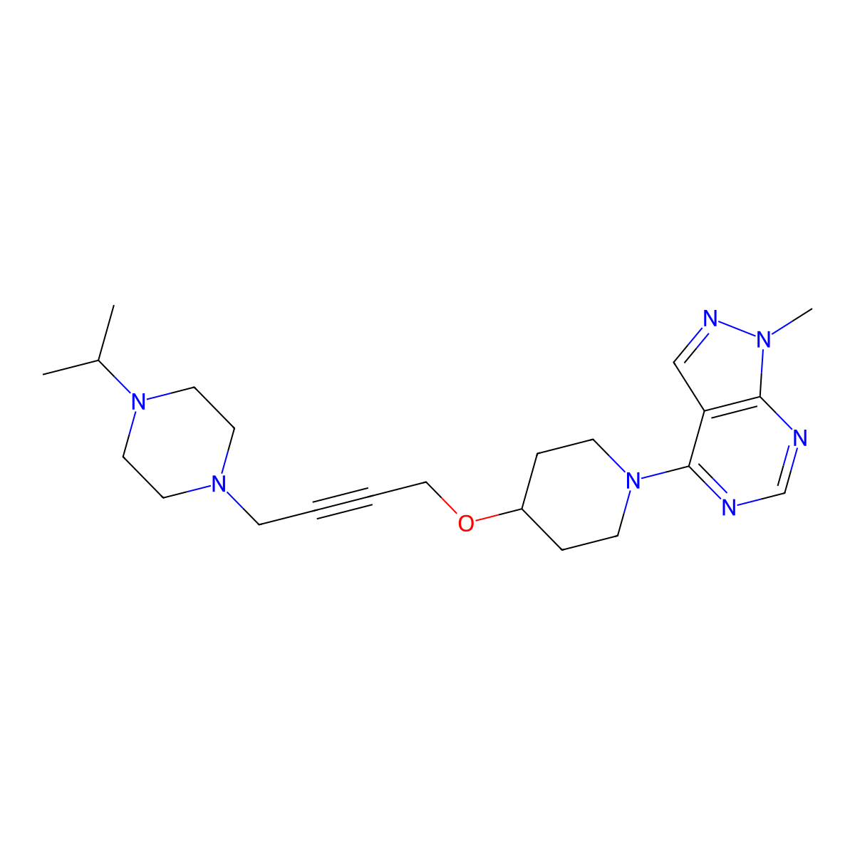 1-{4-[(1-{1-methyl-1H-pyrazolo[3,4-d]pyrimidin-4-yl}piperidin-4-yl)oxy]but-2-yn-1-yl}-4-(propan-2-yl)piperazine molecular structure, CAS 2548995-20-4