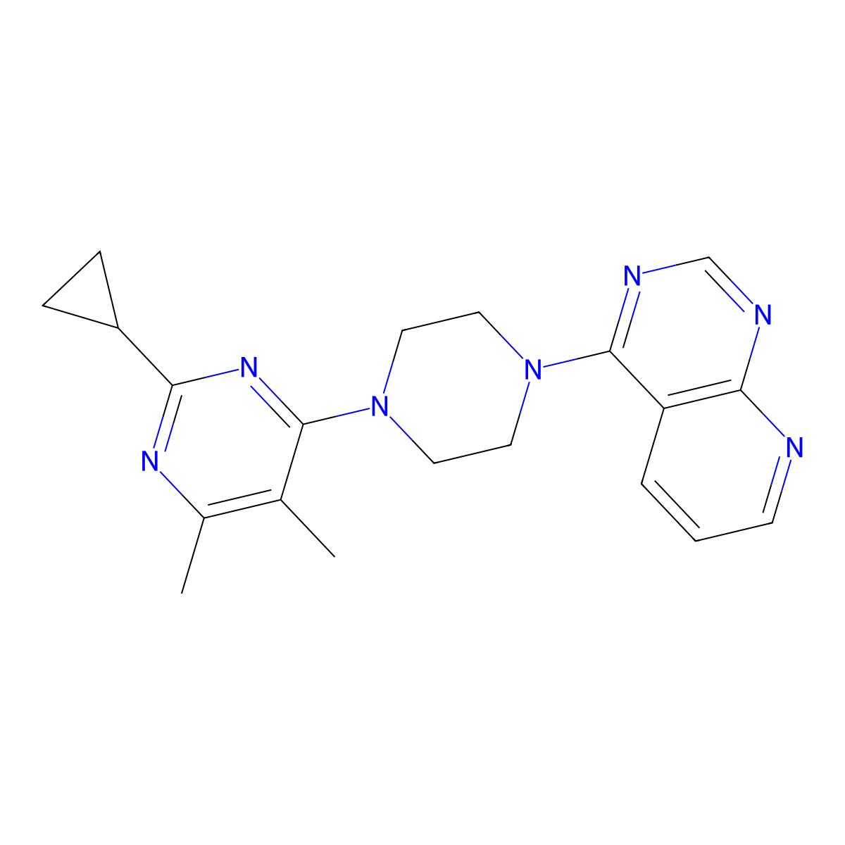 2-Cyclopropyl-4,5-dimethyl-6-(4-{pyrido[2,3-d]pyrimidin-4-yl}piperazin-1-yl)pyrimidine molecular structure, CAS 2548995-21-5