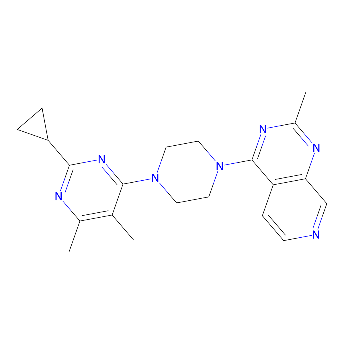 2-Cyclopropyl-4,5-dimethyl-6-(4-{2-methylpyrido[3,4-d]pyrimidin-4-yl}piperazin-1-yl)pyrimidine molecular structure, CAS 2548995-26-0