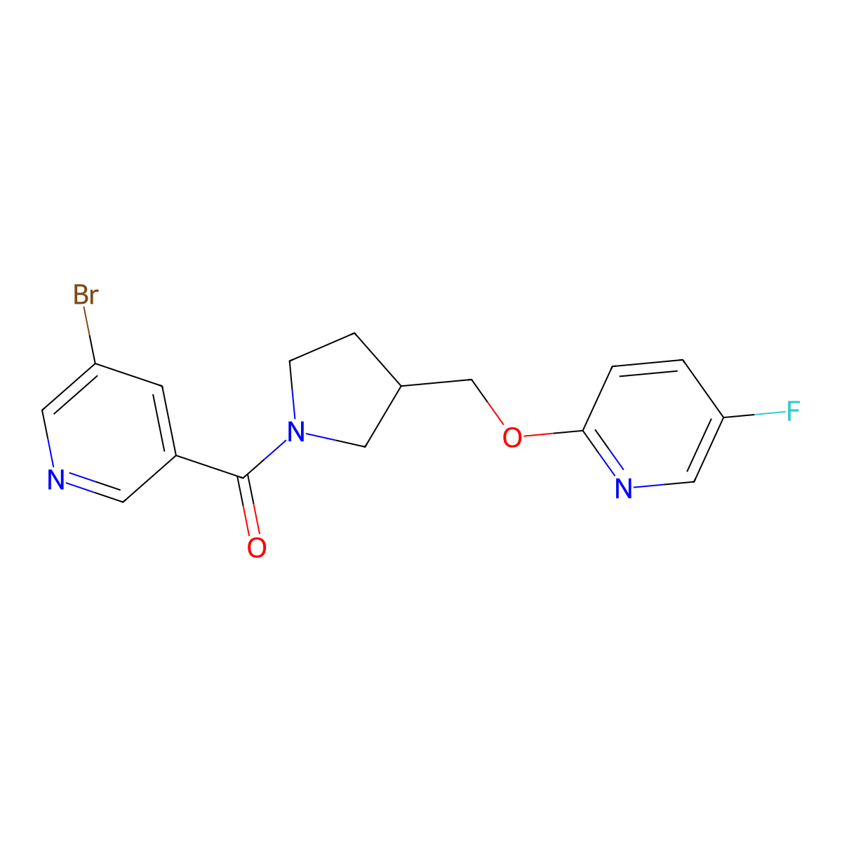 3-Bromo-5-(3-{[(5-fluoropyridin-2-yl)oxy]methyl}pyrrolidine-1-carbonyl)pyridine molecular structure, CAS 2548995-32-8
