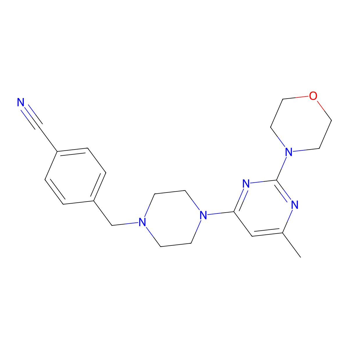 4-({4-[6-Methyl-2-(morpholin-4-yl)pyrimidin-4-yl]piperazin-1-yl}methyl)benzonitrile molecular structure, CAS 2548995-33-9