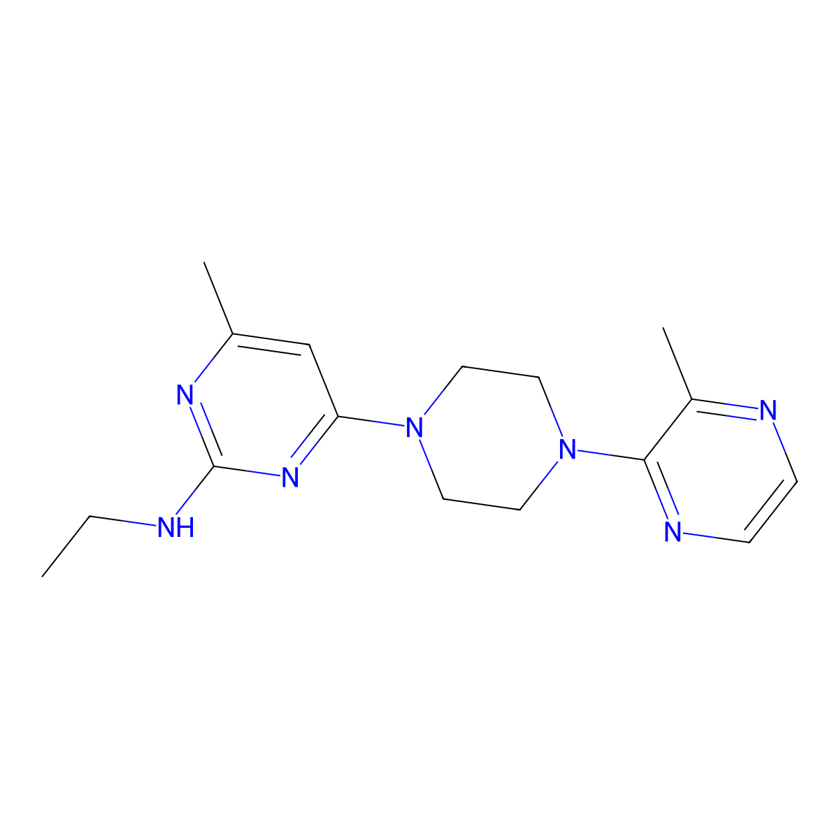 N-ethyl-4-methyl-6-[4-(3-methylpyrazin-2-yl)piperazin-1-yl]pyrimidin-2-amine molecular structure, CAS 2548995-38-4