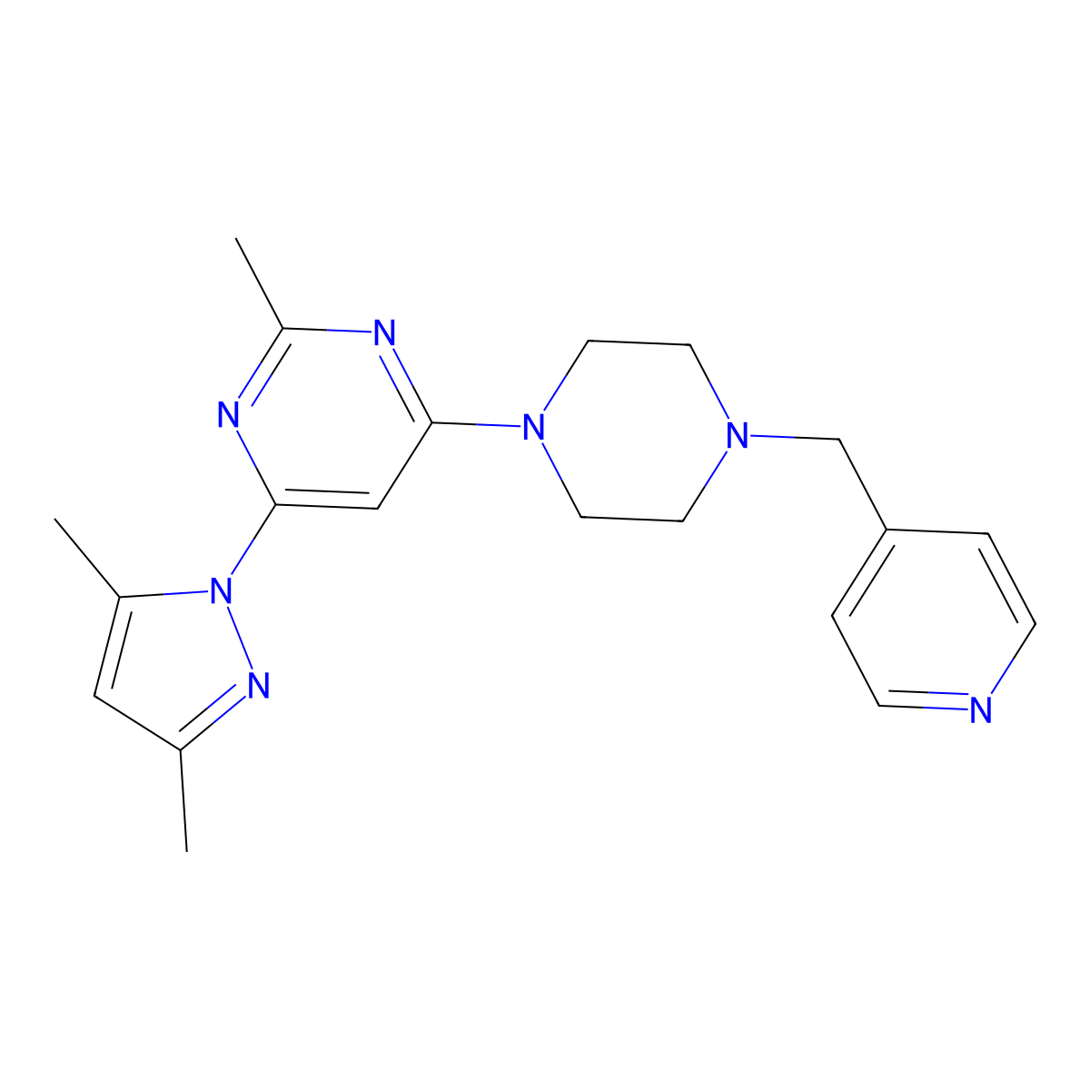 4-(3,5-dimethyl-1H-pyrazol-1-yl)-2-methyl-6-{4-[(pyridin-4-yl)methyl]piperazin-1-yl}pyrimidine molecular structure, CAS 2548995-47-5