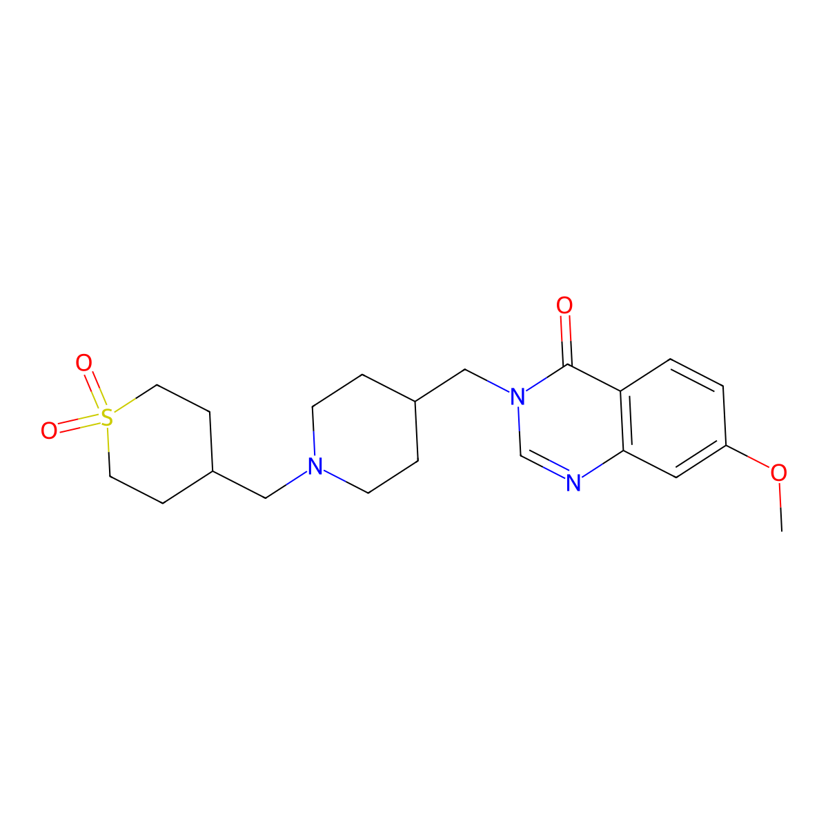 4-({4-[(7-Methoxy-4-oxo-3,4-dihydroquinazolin-3-yl)methyl]piperidin-1-yl}methyl)-1lambda6-thiane-1,1-dione molecular structure, CAS 2548995-56-6