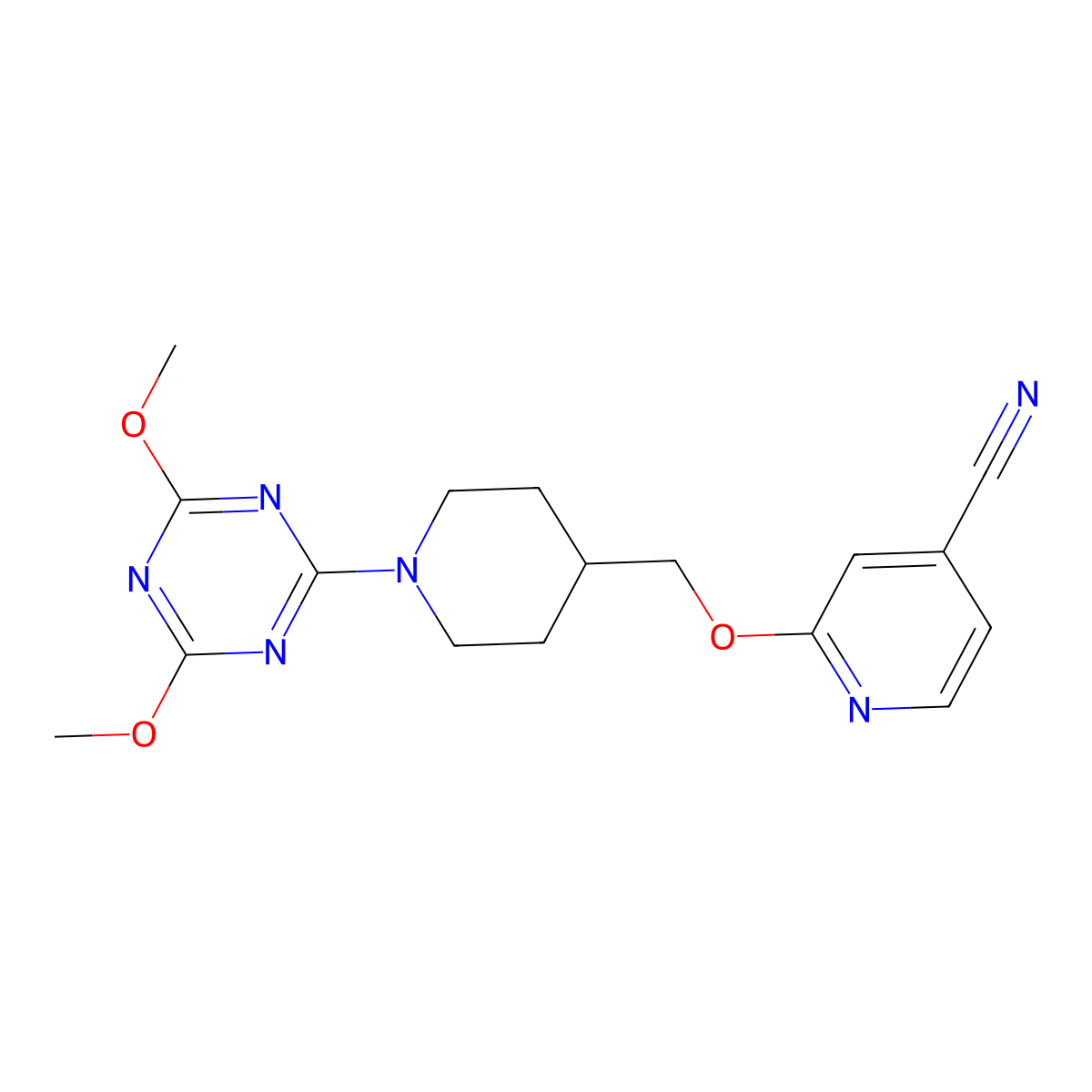 2-{[1-(4,6-Dimethoxy-1,3,5-triazin-2-yl)piperidin-4-yl]methoxy}pyridine-4-carbonitrile molecular structure, CAS 2548995-59-9