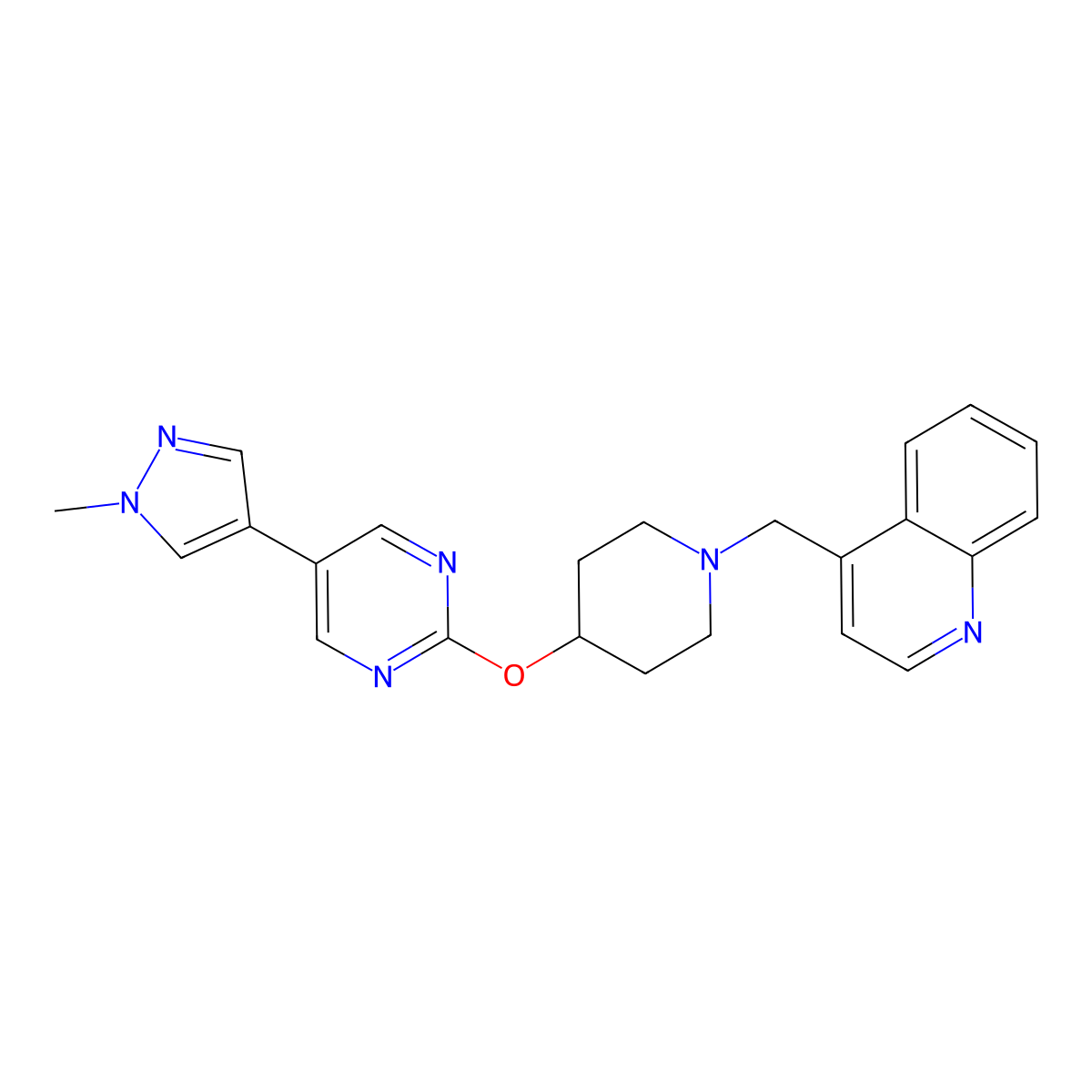 4-[(4-{[5-(1-methyl-1H-pyrazol-4-yl)pyrimidin-2-yl]oxy}piperidin-1-yl)methyl]quinoline molecular structure, CAS 2548995-67-9