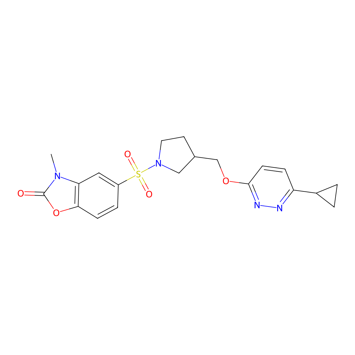 5-[(3-{[(6-Cyclopropylpyridazin-3-yl)oxy]methyl}pyrrolidin-1-yl)sulfonyl]-3-methyl-2,3-dihydro-1,3-benzoxazol-2-one molecular structure, CAS 2548995-68-0