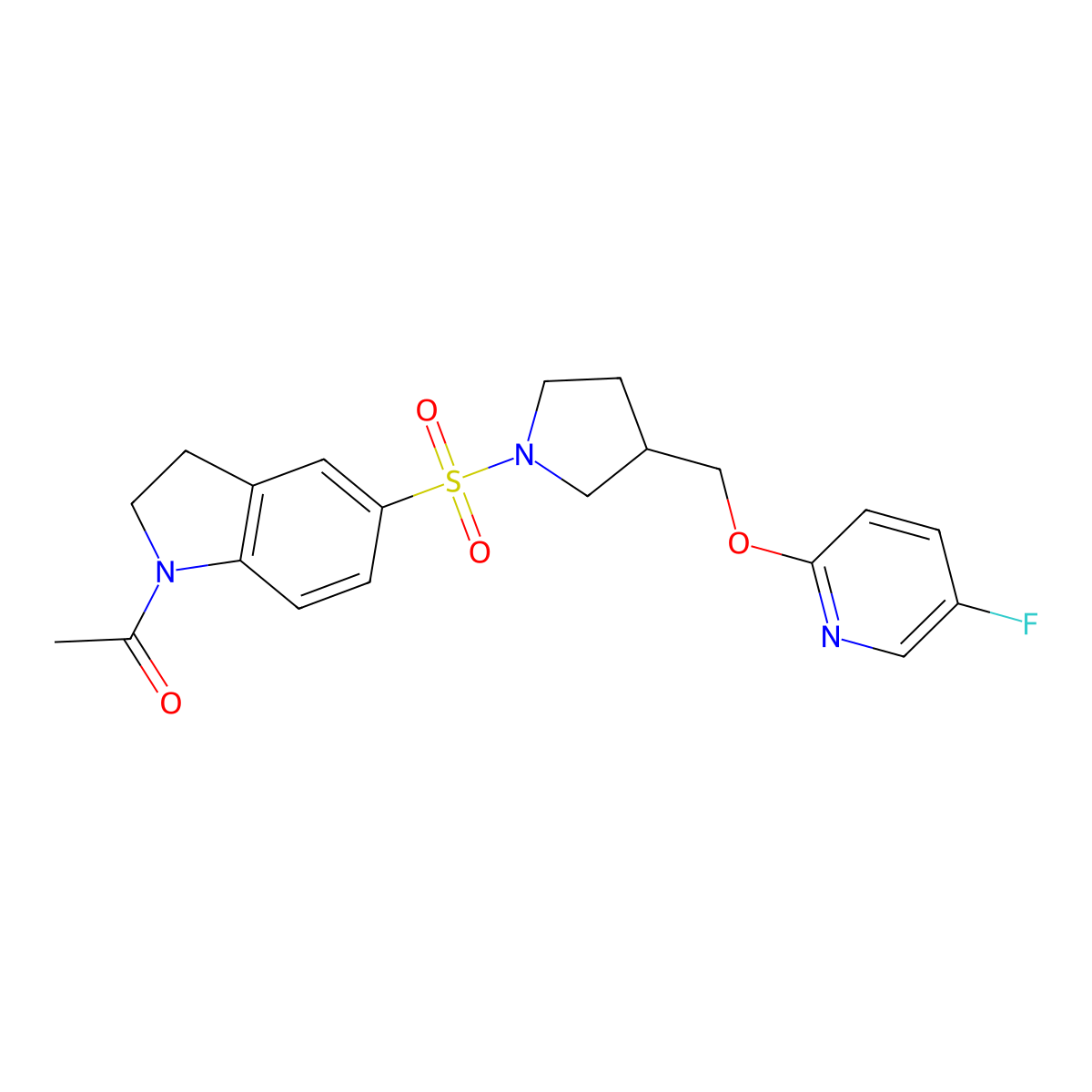 1-{5-[(3-{[(5-fluoropyridin-2-yl)oxy]methyl}pyrrolidin-1-yl)sulfonyl]-2,3-dihydro-1H-indol-1-yl}ethan-1-one molecular structure, CAS 2548995-70-4