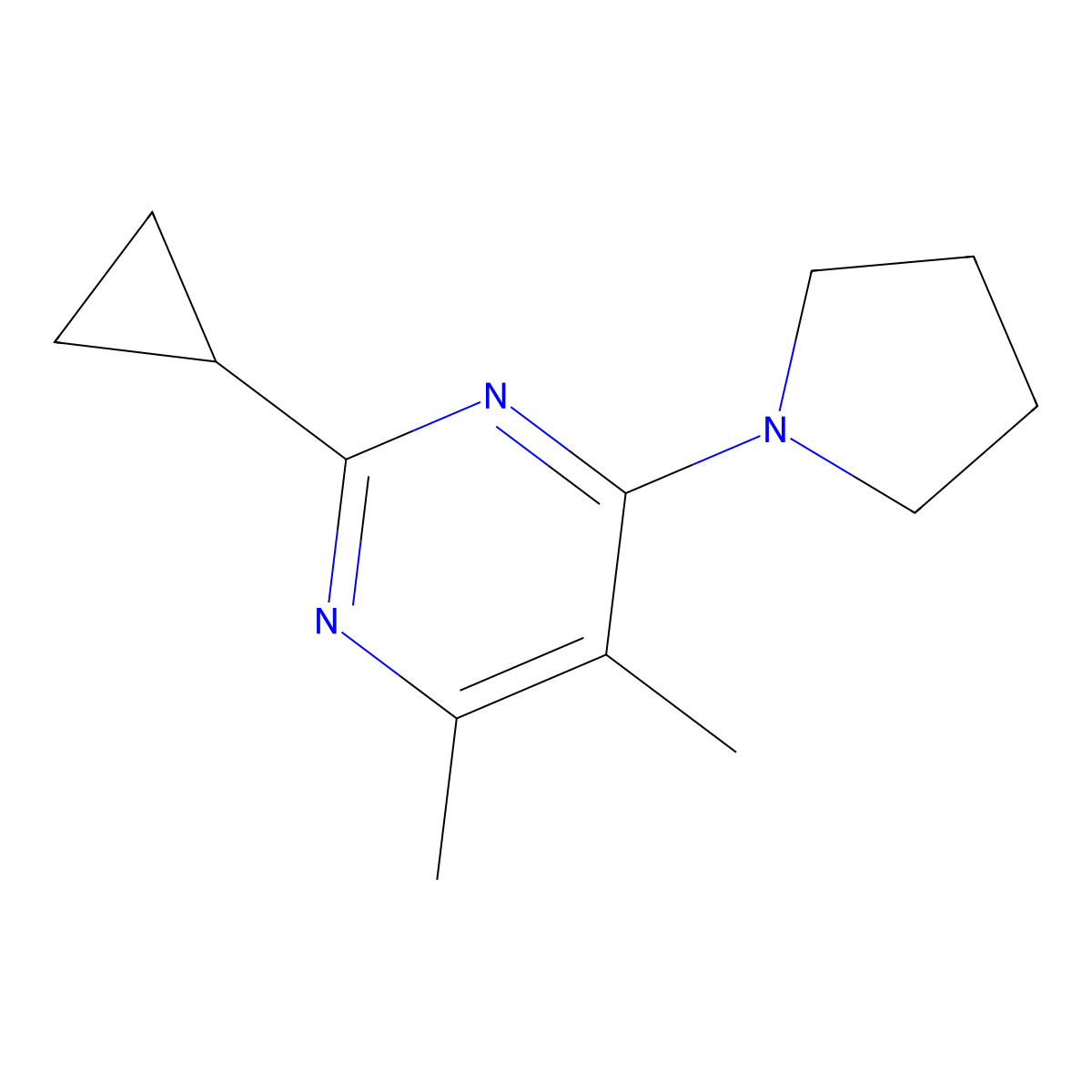 2-Cyclopropyl-4,5-dimethyl-6-(pyrrolidin-1-yl)pyrimidine molecular structure, CAS 2548995-79-3
