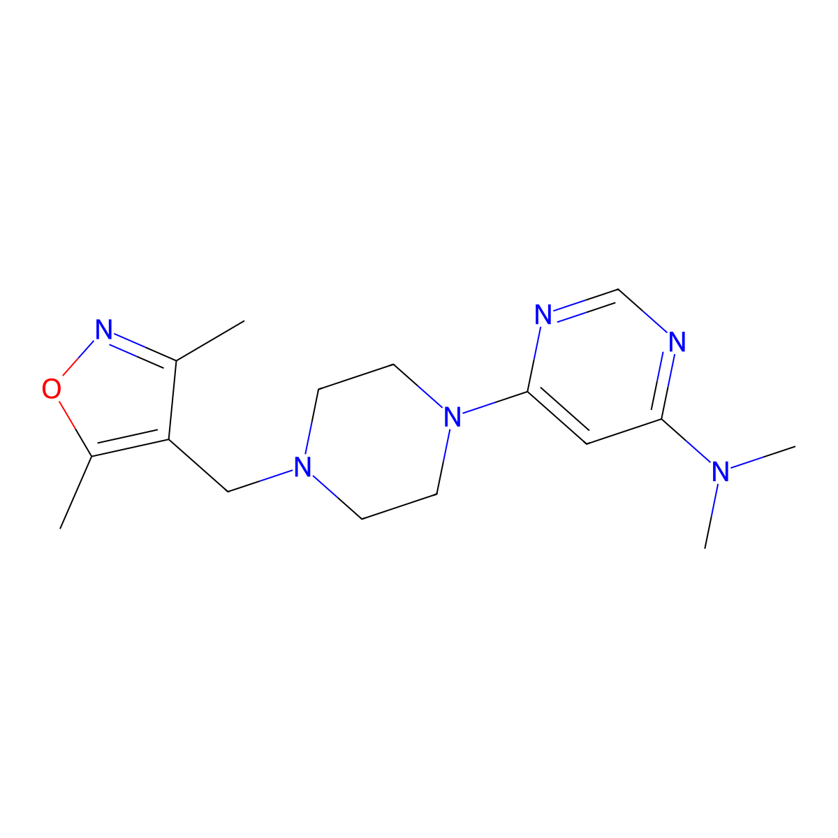 6-{4-[(3,5-dimethyl-1,2-oxazol-4-yl)methyl]piperazin-1-yl}-N,N-dimethylpyrimidin-4-amine molecular structure, CAS 2548995-89-5