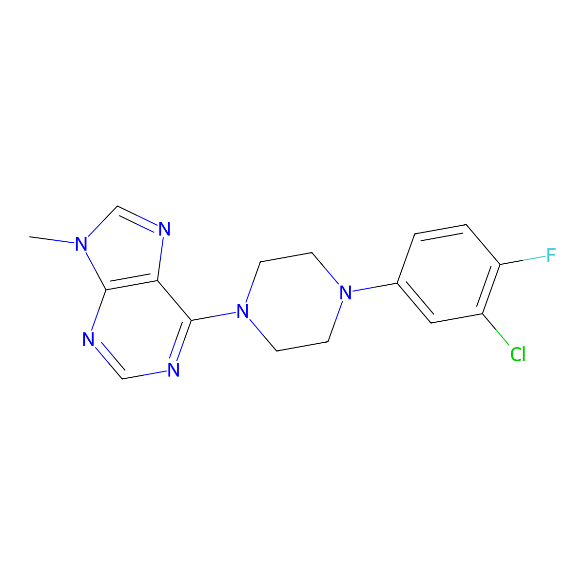 6-[4-(3-chloro-4-fluorophenyl)piperazin-1-yl]-9-methyl-9H-purine molecular structure, CAS 2548996-04-7