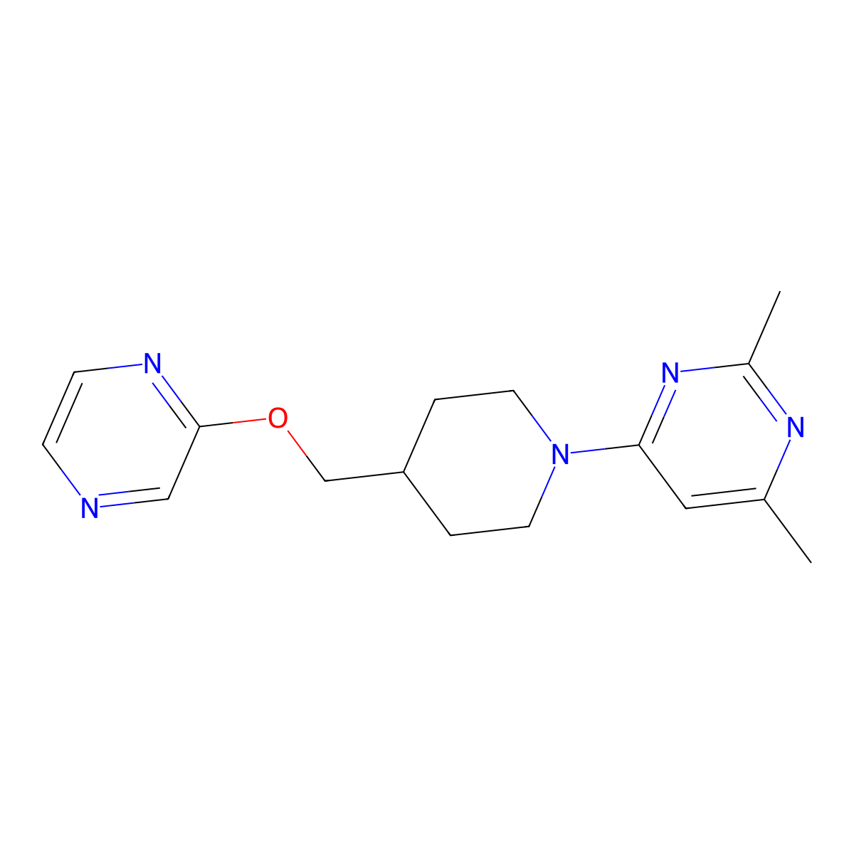2,4-Dimethyl-6-{4-[(pyrazin-2-yloxy)methyl]piperidin-1-yl}pyrimidine molecular structure, CAS 2548996-05-8