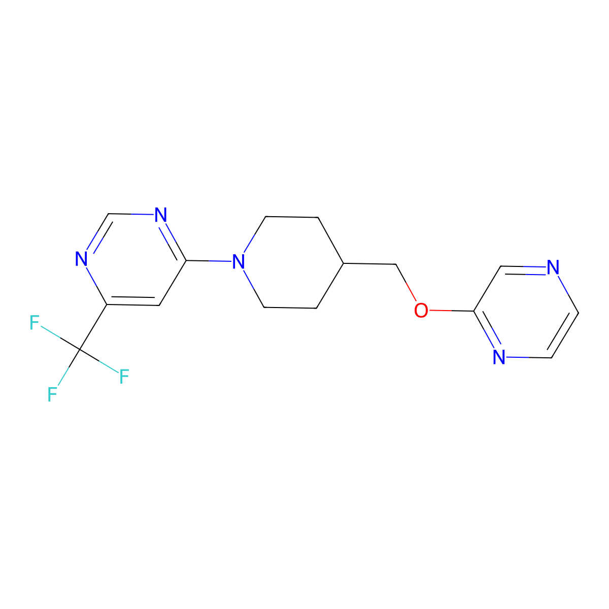 4-{4-[(Pyrazin-2-yloxy)methyl]piperidin-1-yl}-6-(trifluoromethyl)pyrimidine molecular structure, CAS 2548996-08-1