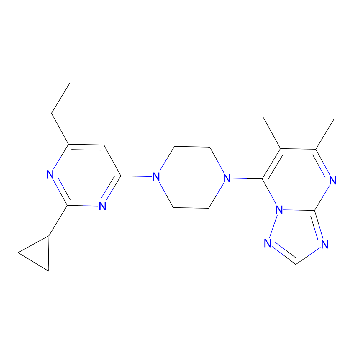 2-Cyclopropyl-4-(4-{5,6-dimethyl-[1,2,4]triazolo[1,5-a]pyrimidin-7-yl}piperazin-1-yl)-6-ethylpyrimidine molecular structure, CAS 2548996-10-5