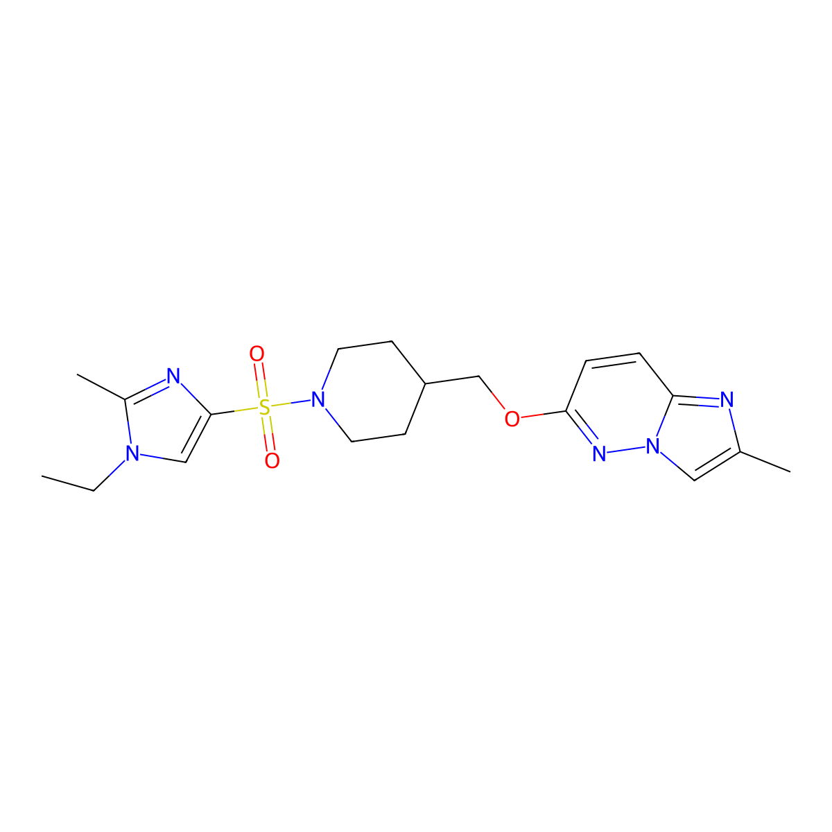1-[(1-ethyl-2-methyl-1H-imidazol-4-yl)sulfonyl]-4-[({2-methylimidazo[1,2-b]pyridazin-6-yl}oxy)methyl]piperidine molecular structure, CAS 2548996-12-7