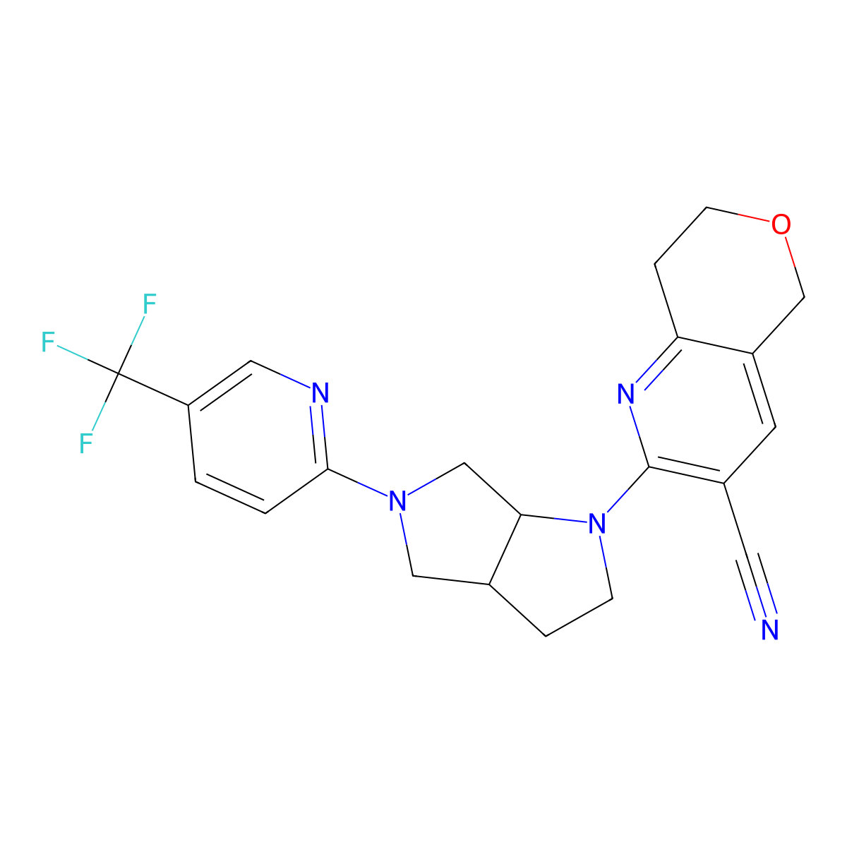 2-{5-[5-(trifluoromethyl)pyridin-2-yl]-octahydropyrrolo[3,4-b]pyrrol-1-yl}-5H,7H,8H-pyrano[4,3-b]pyridine-3-carbonitrile molecular structure, CAS 2548996-36-5