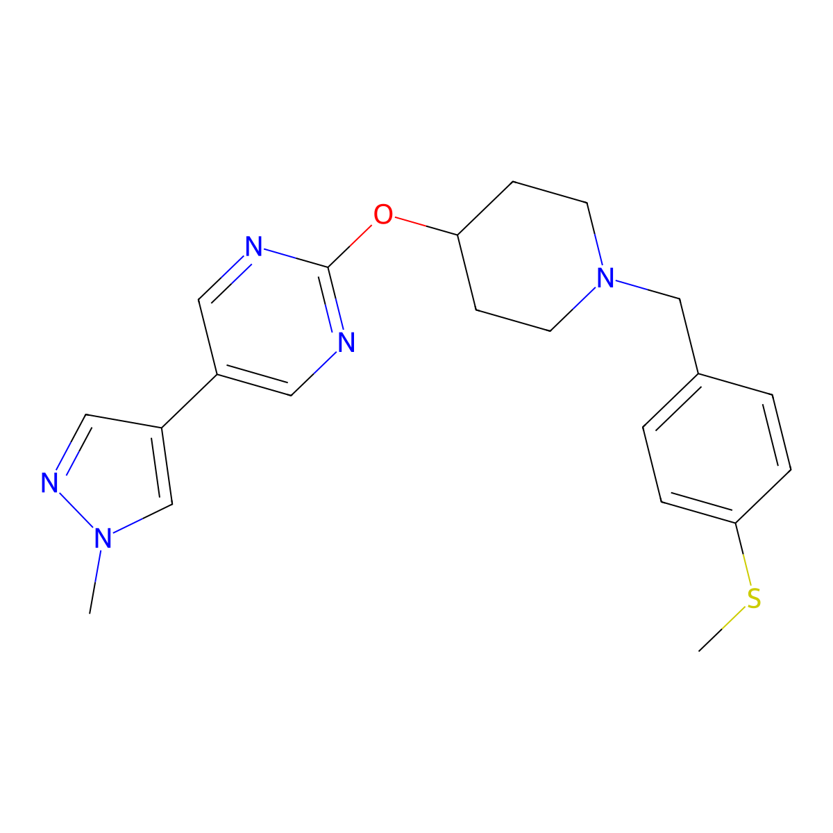 5-(1-methyl-1H-pyrazol-4-yl)-2-[(1-{[4-(methylsulfanyl)phenyl]methyl}piperidin-4-yl)oxy]pyrimidine molecular structure, CAS 2548996-37-6