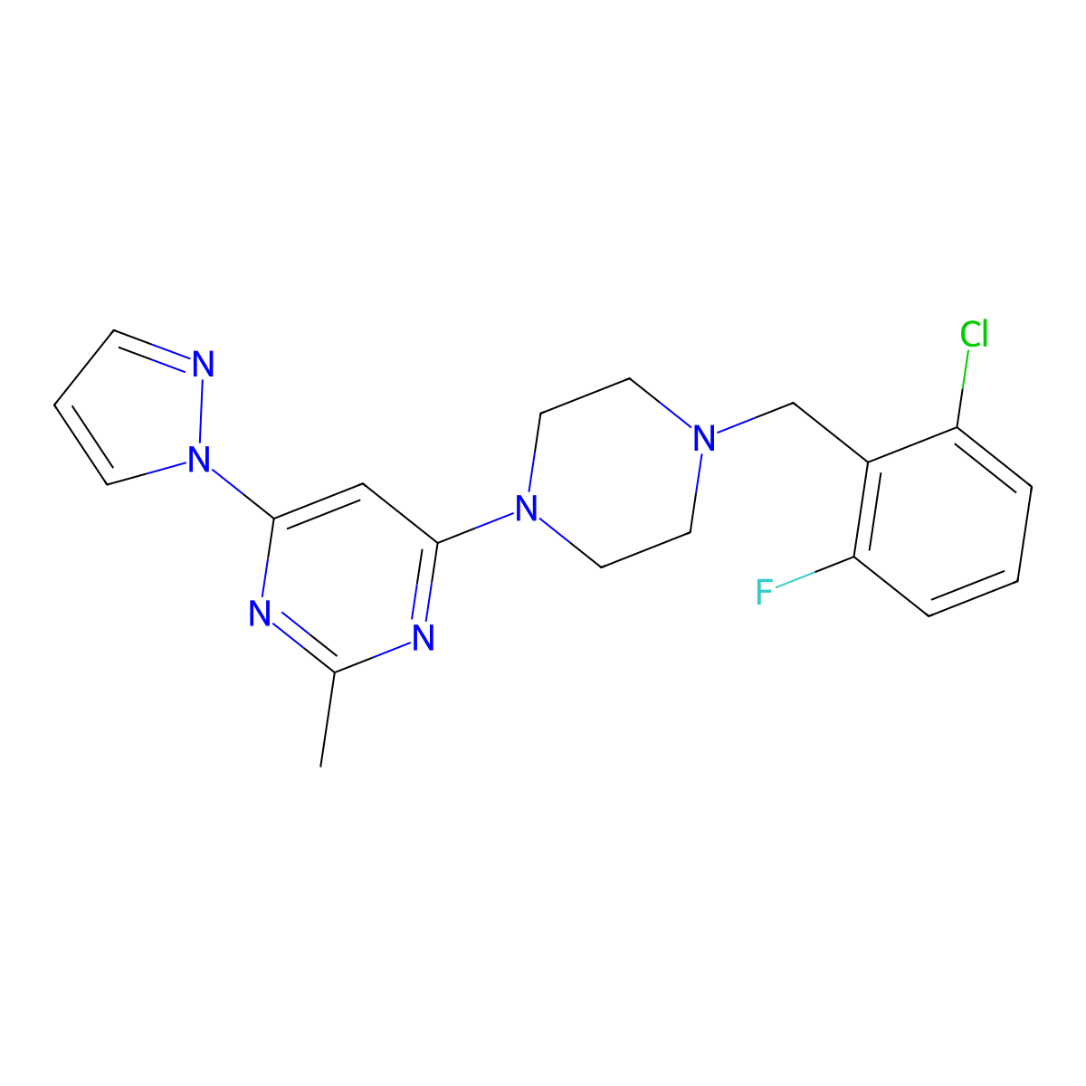 4-{4-[(2-chloro-6-fluorophenyl)methyl]piperazin-1-yl}-2-methyl-6-(1H-pyrazol-1-yl)pyrimidine molecular structure, CAS 2548996-38-7