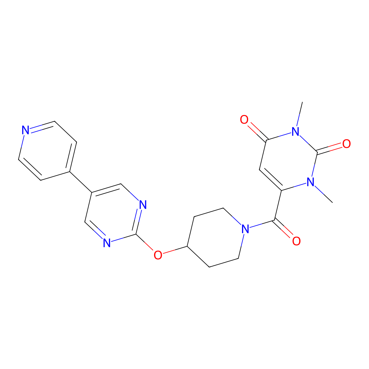 1,3-Dimethyl-6-(4-{[5-(pyridin-4-yl)pyrimidin-2-yl]oxy}piperidine-1-carbonyl)-1,2,3,4-tetrahydropyrimidine-2,4-dione molecular structure, CAS 2548996-40-1